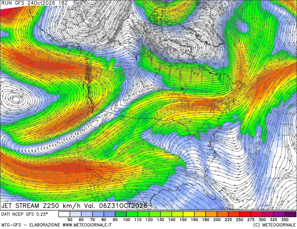 mappa 250 hPa Jet stream