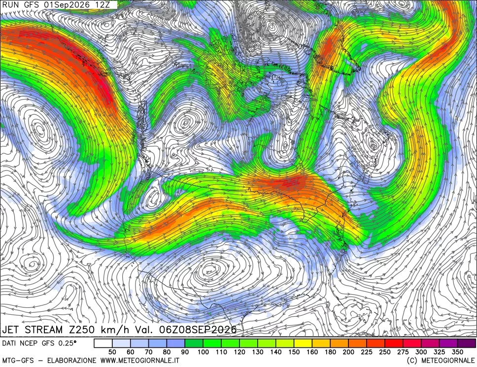 mappa 250 hPa Jet stream