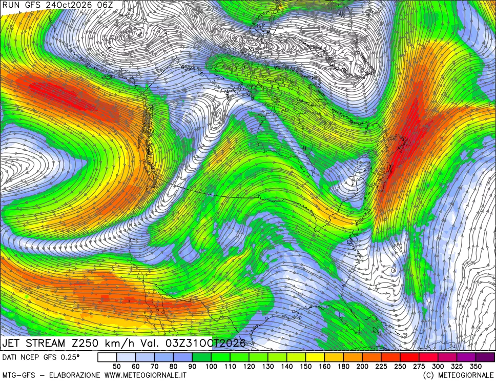 mappa 250 hPa Jet stream
