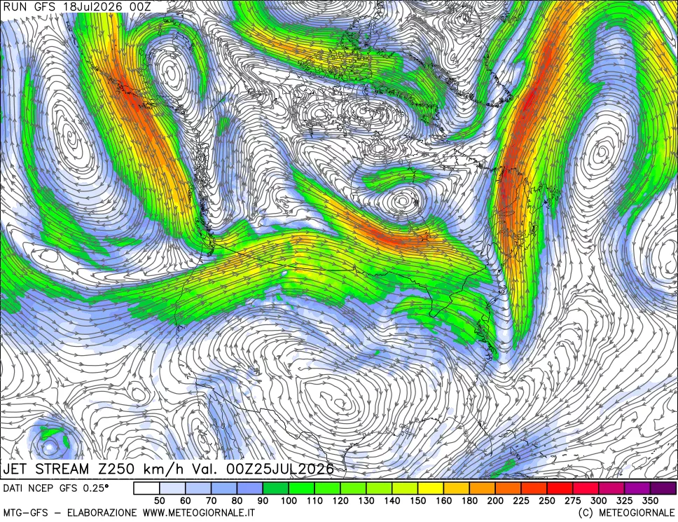 mappa 250 hPa Jet stream