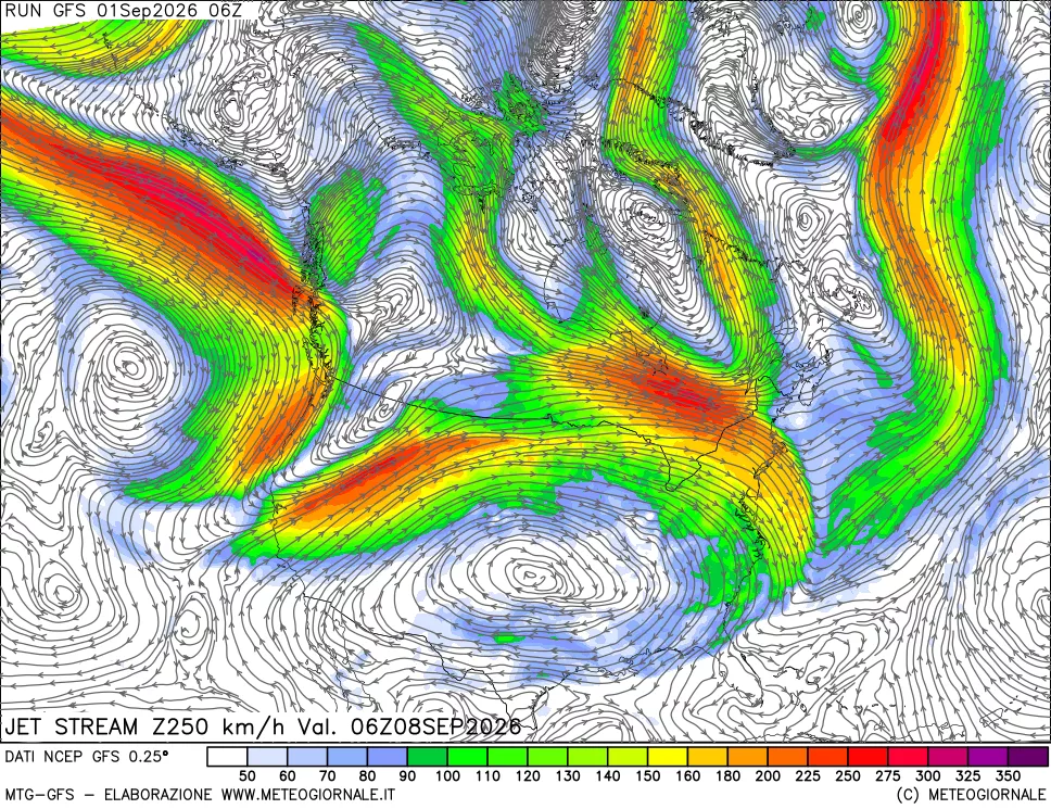 mappa 250 hPa Jet stream