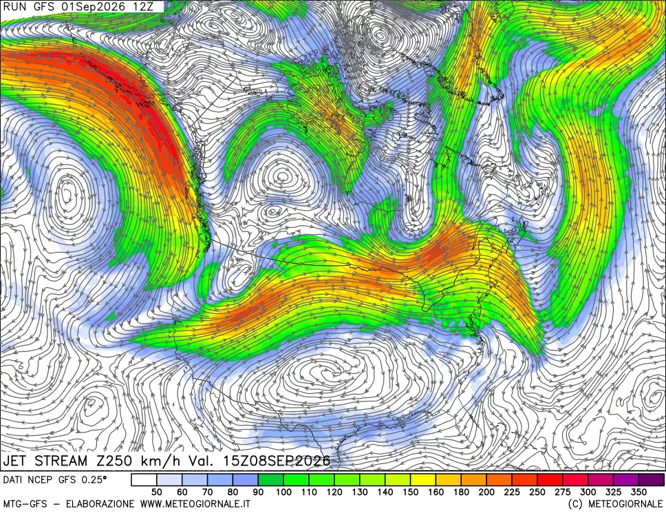 mappa 250 hPa Jet stream