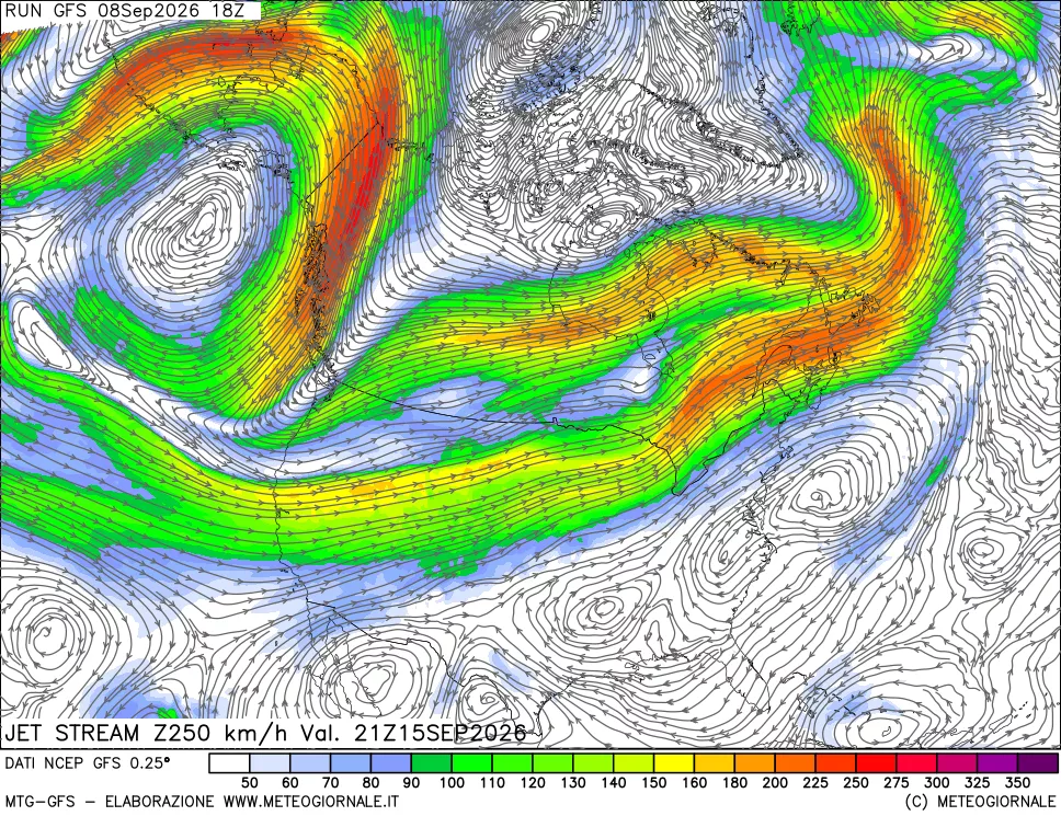 mappa 250 hPa Jet stream