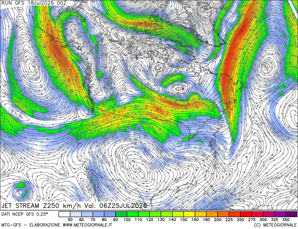 mappa 250 hPa Jet stream