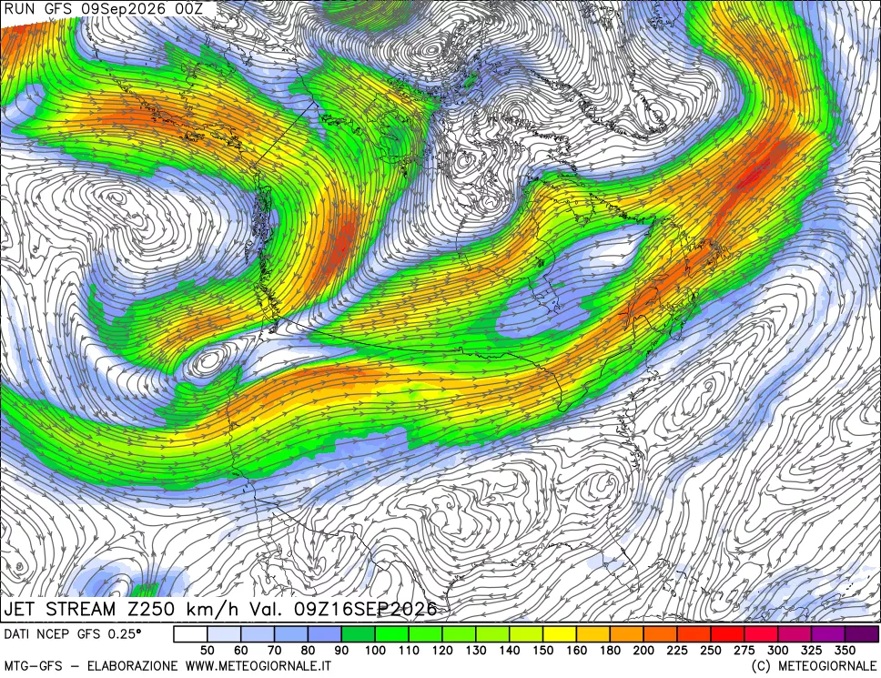 mappa 250 hPa Jet stream