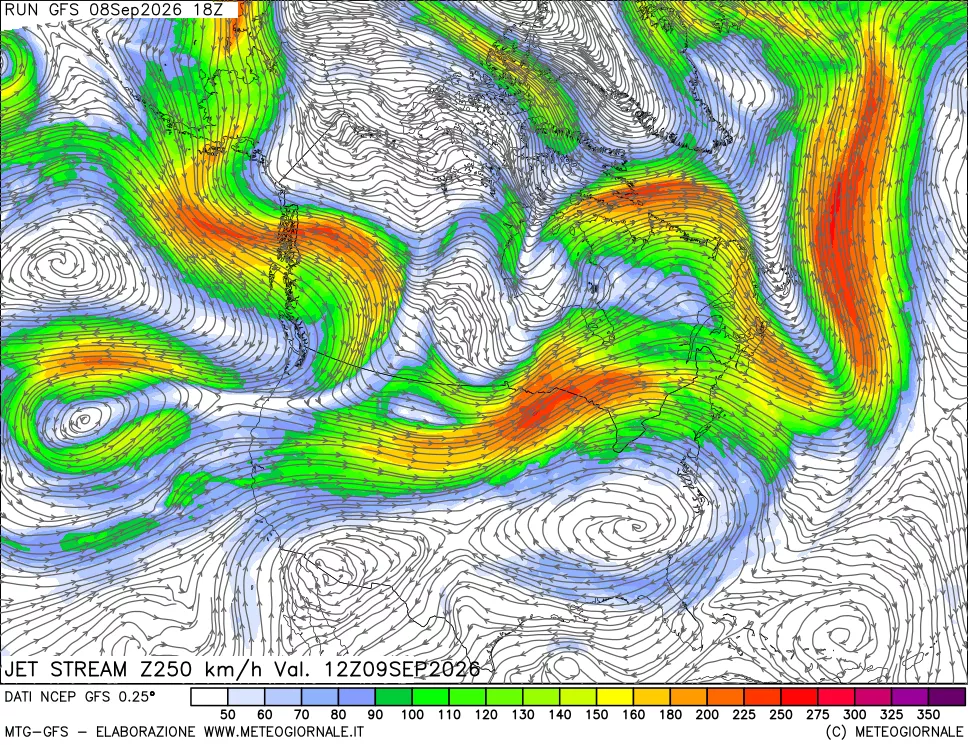 mappa 250 hPa Jet stream