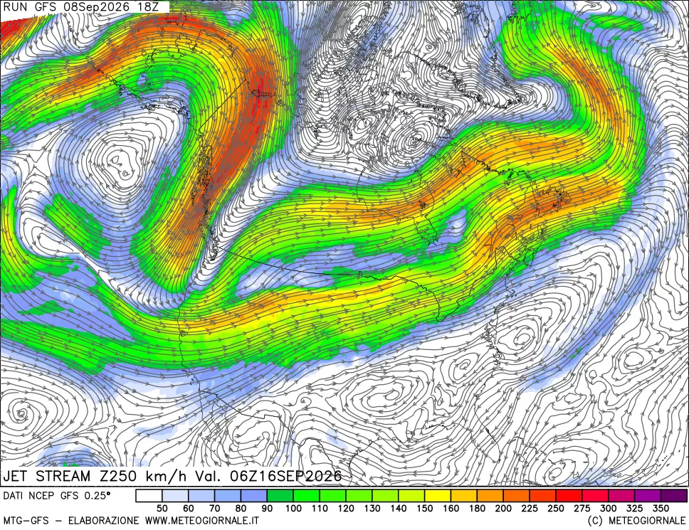 mappa 250 hPa Jet stream