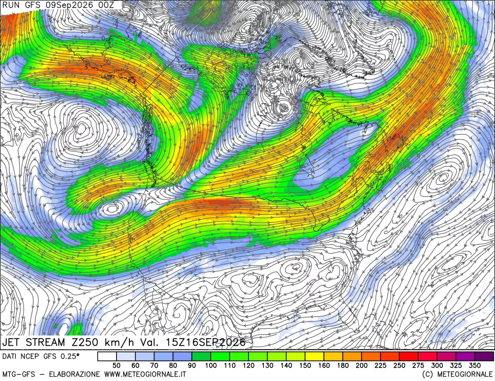 mappa 250 hPa Jet stream