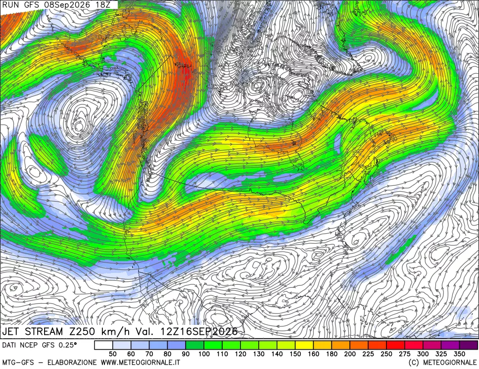 mappa 250 hPa Jet stream