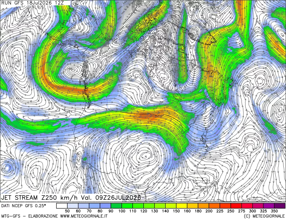 mappa 250 hPa Jet stream