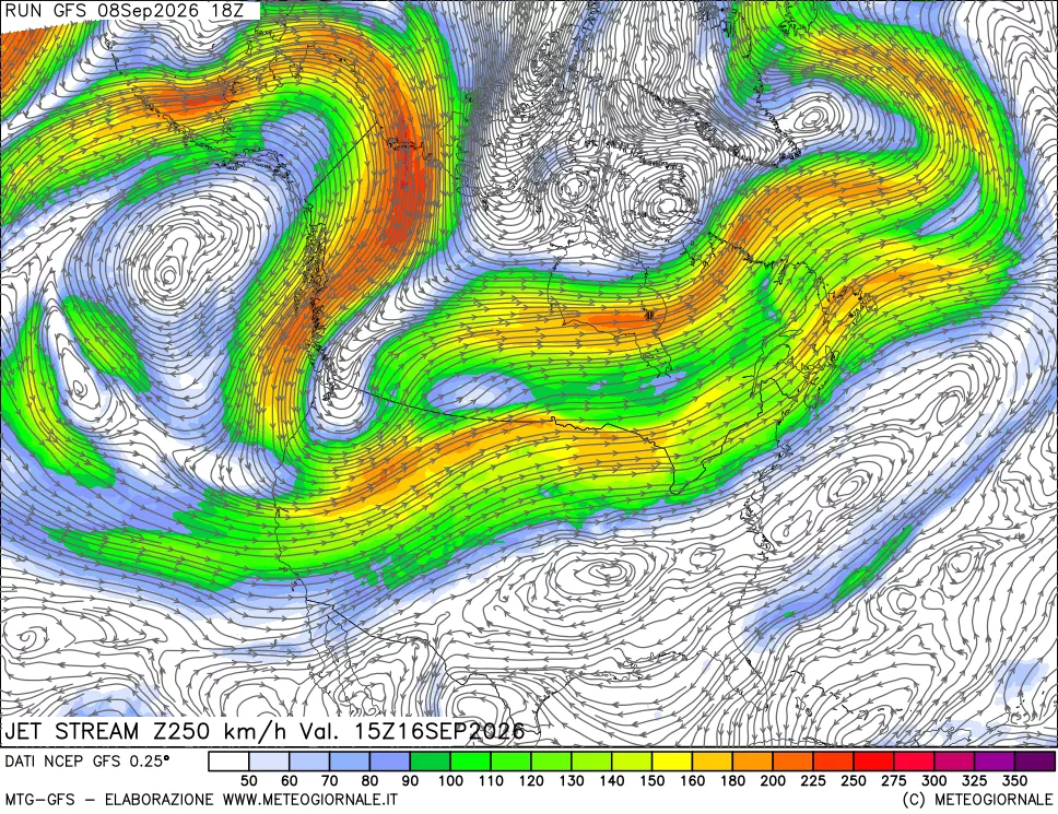 mappa 250 hPa Jet stream