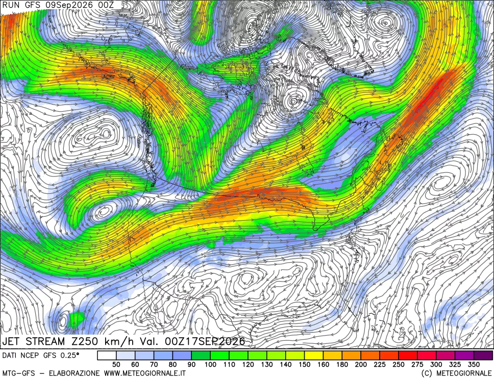 mappa 250 hPa Jet stream