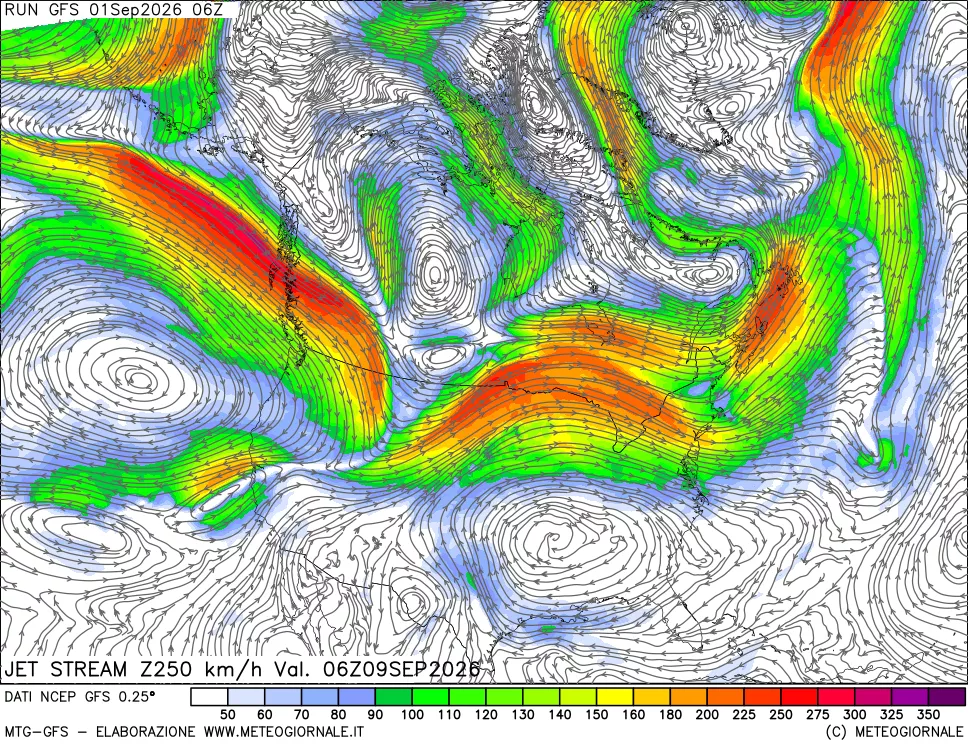mappa 250 hPa Jet stream
