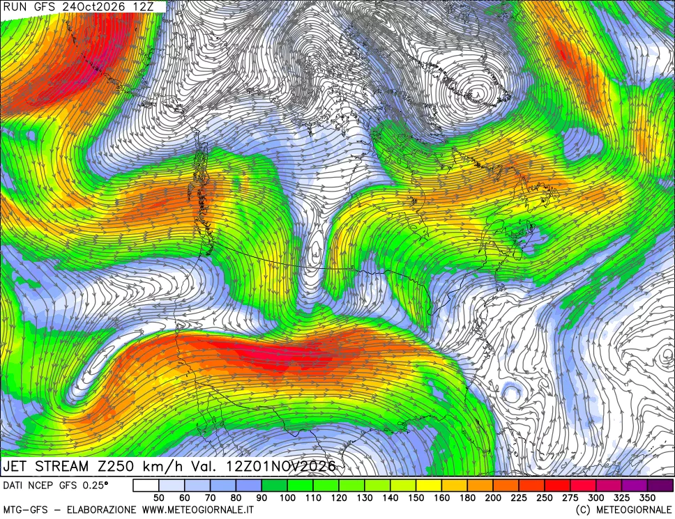 mappa 250 hPa Jet stream
