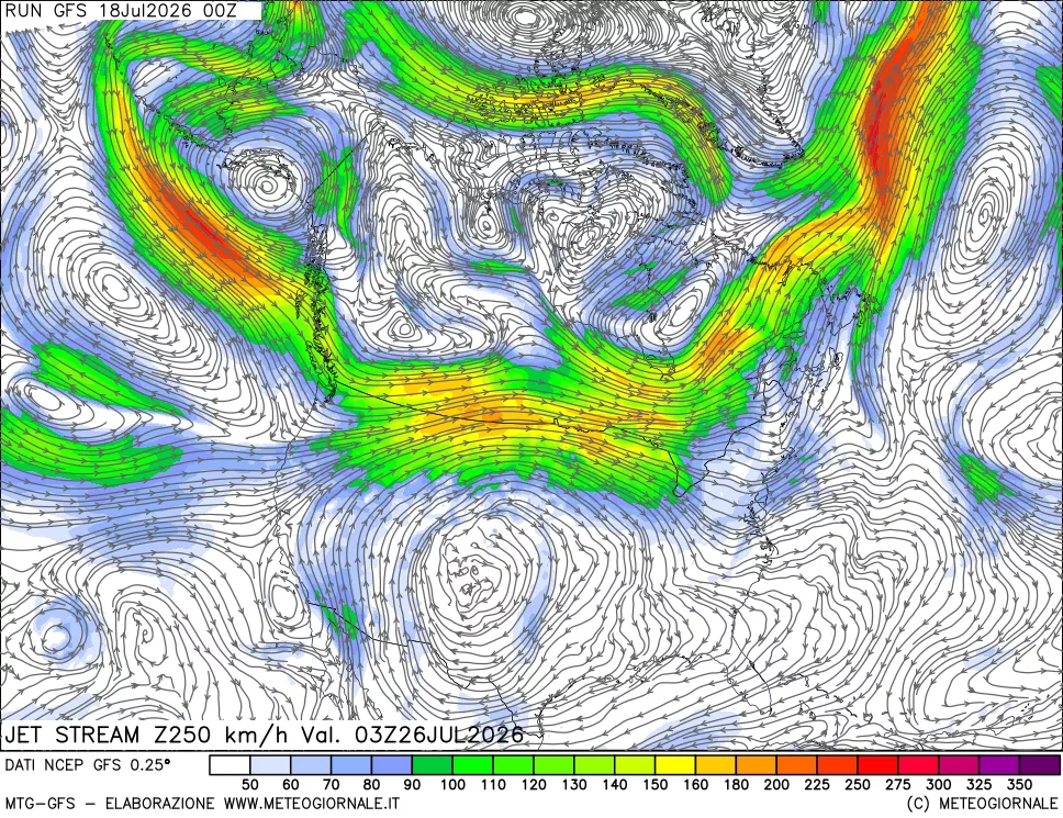 mappa 250 hPa Jet stream
