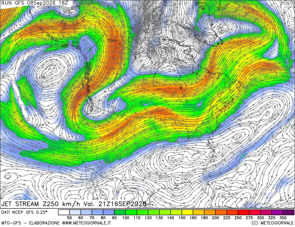 mappa 250 hPa Jet stream