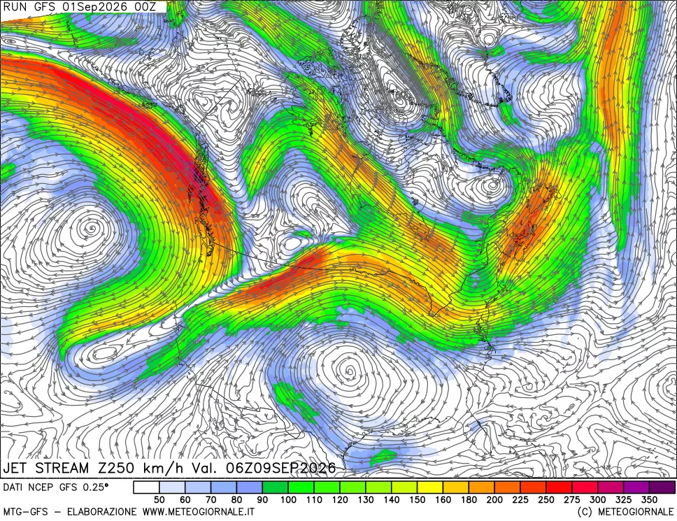 mappa 250 hPa Jet stream