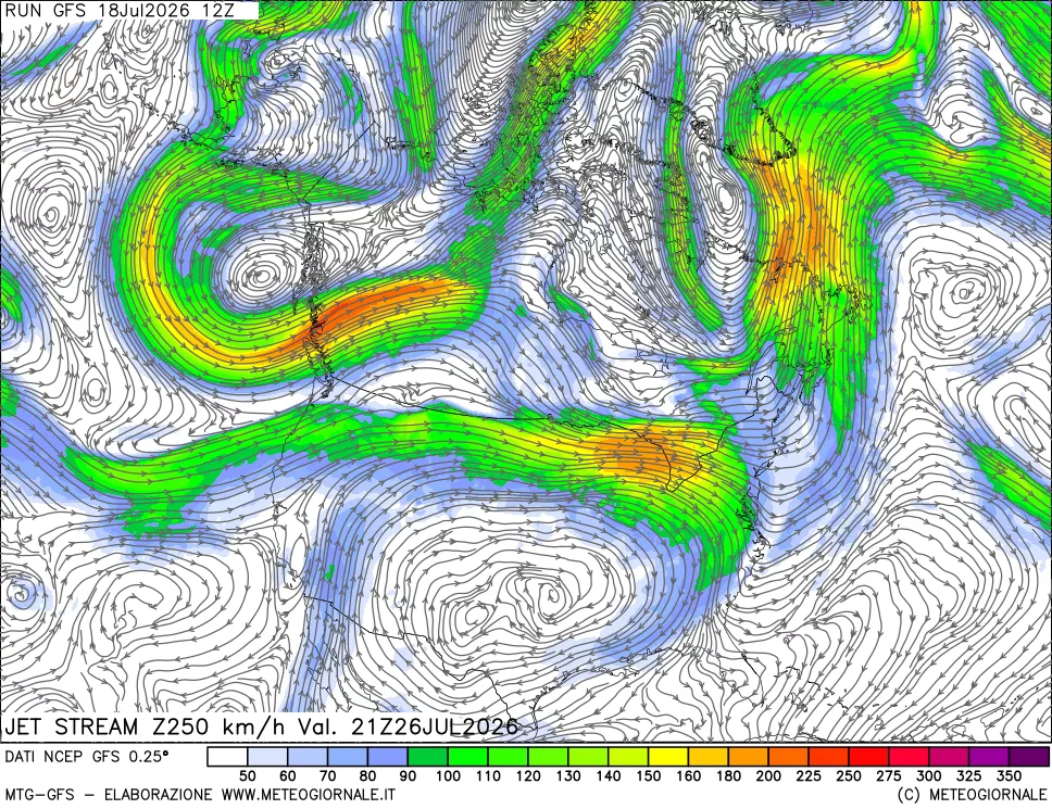 mappa 250 hPa Jet stream