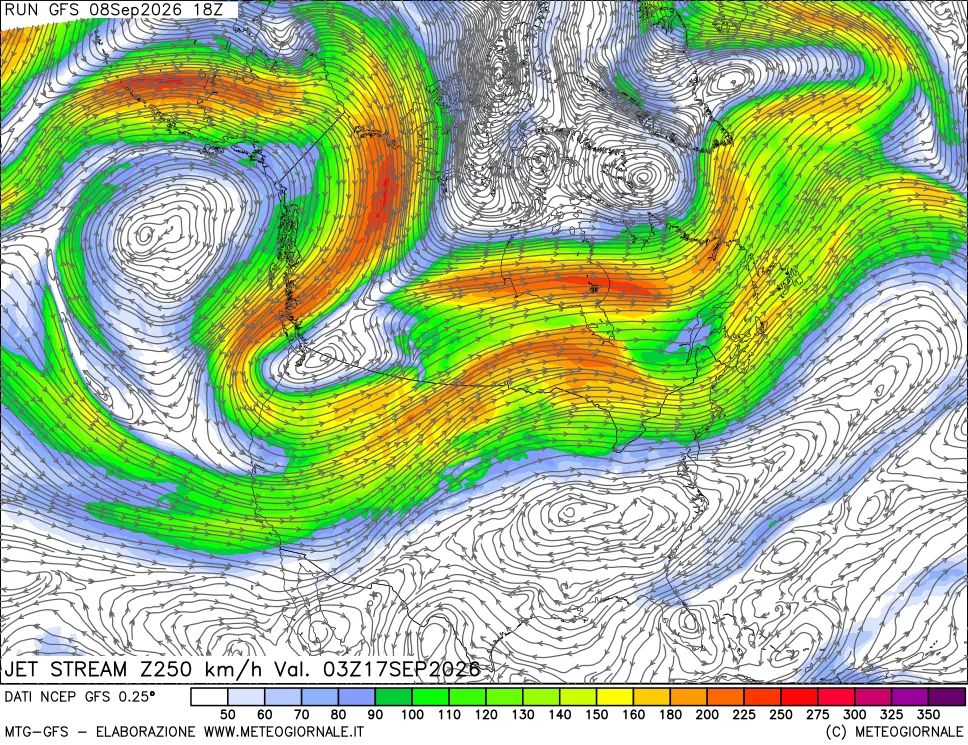 mappa 250 hPa Jet stream