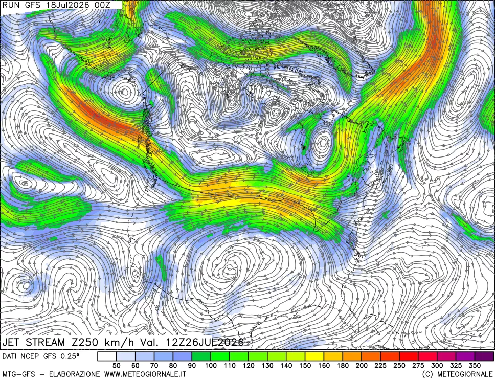 mappa 250 hPa Jet stream