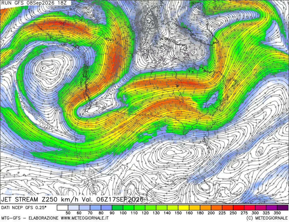 mappa 250 hPa Jet stream