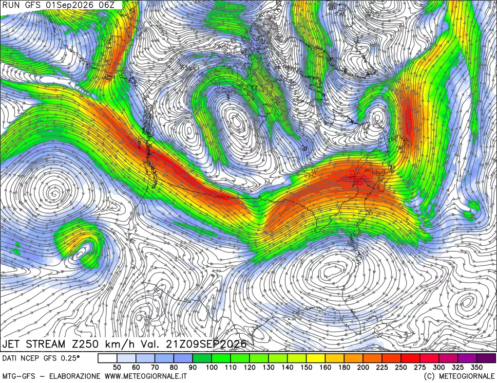 mappa 250 hPa Jet stream