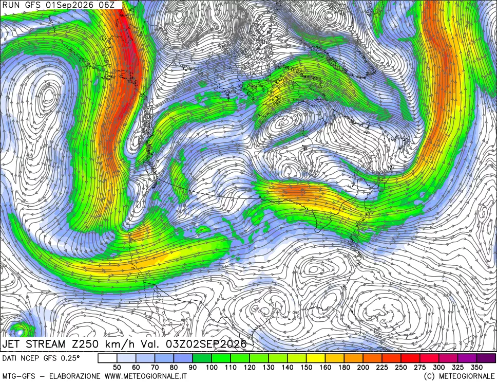 mappa 250 hPa Jet stream