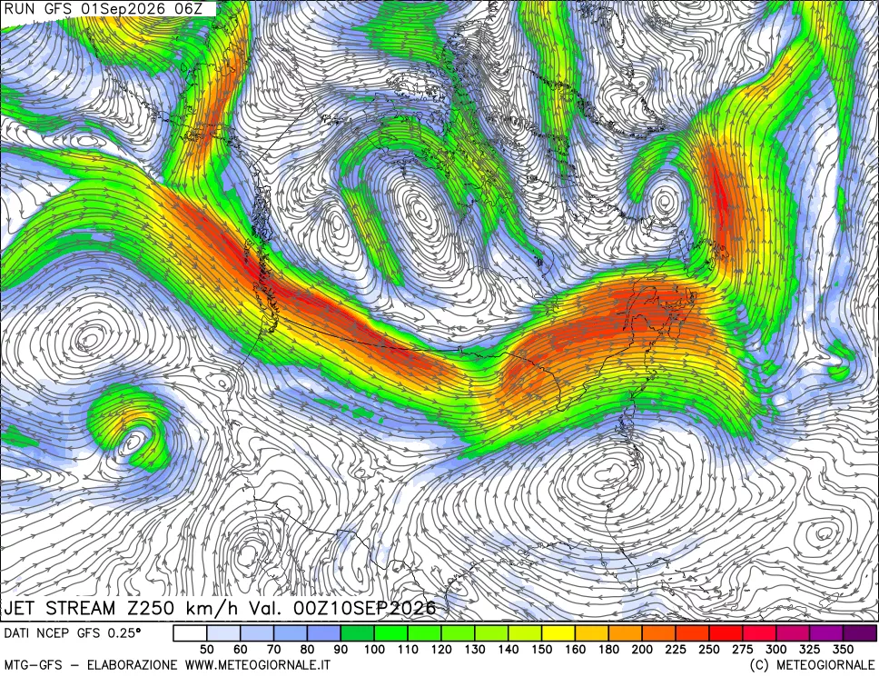 mappa 250 hPa Jet stream
