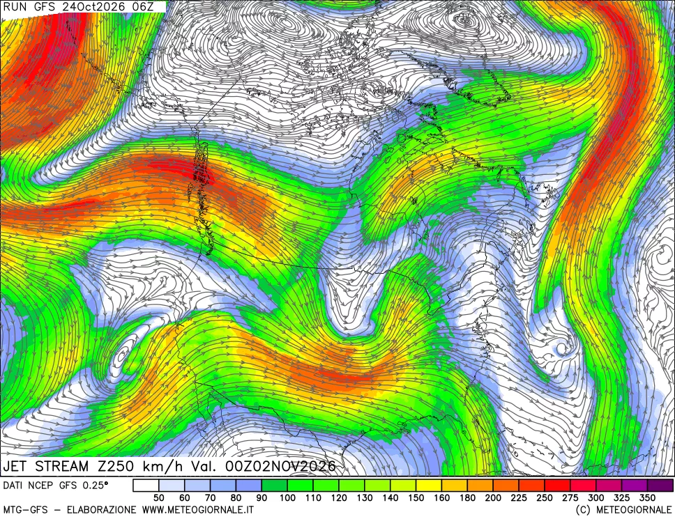 mappa 250 hPa Jet stream