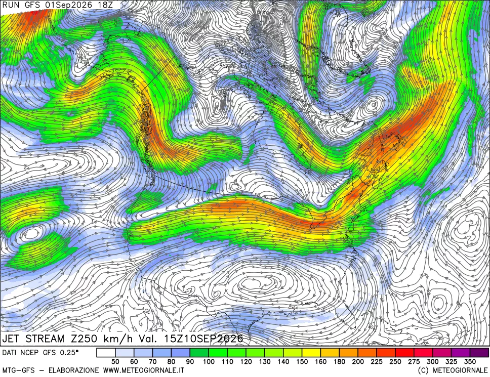 mappa 250 hPa Jet stream