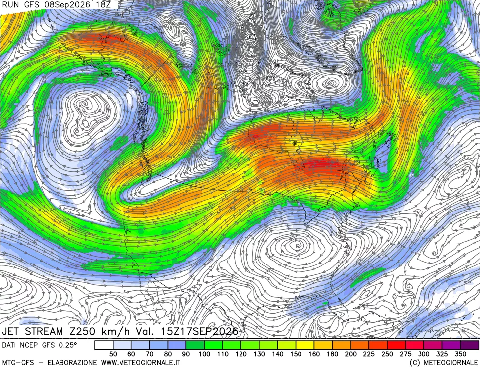 mappa 250 hPa Jet stream