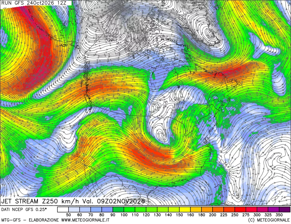mappa 250 hPa Jet stream