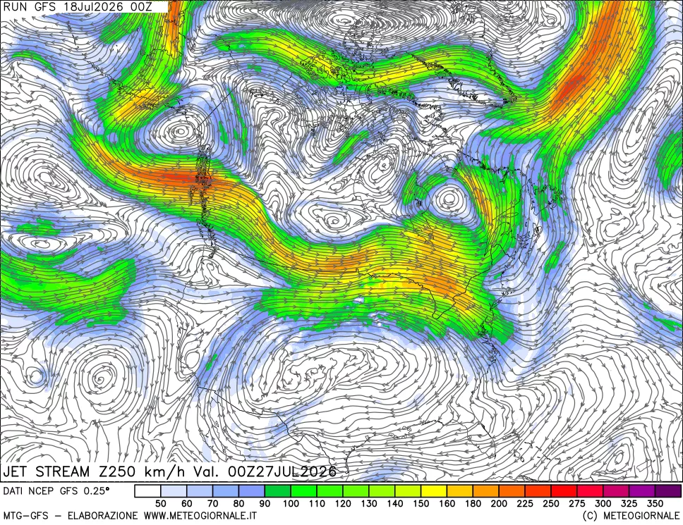 mappa 250 hPa Jet stream