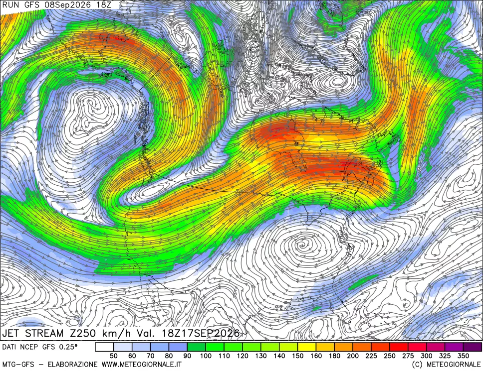 mappa 250 hPa Jet stream