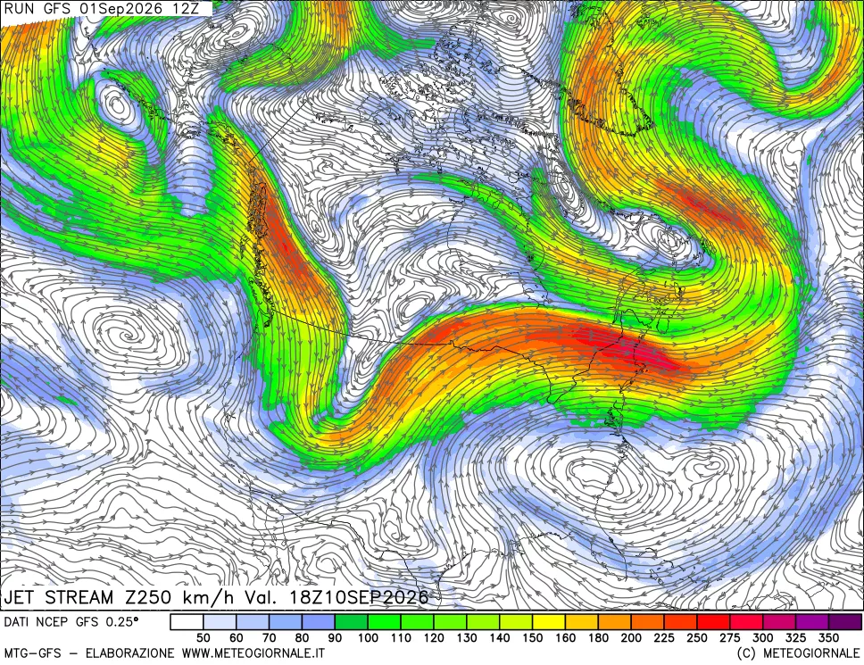mappa 250 hPa Jet stream