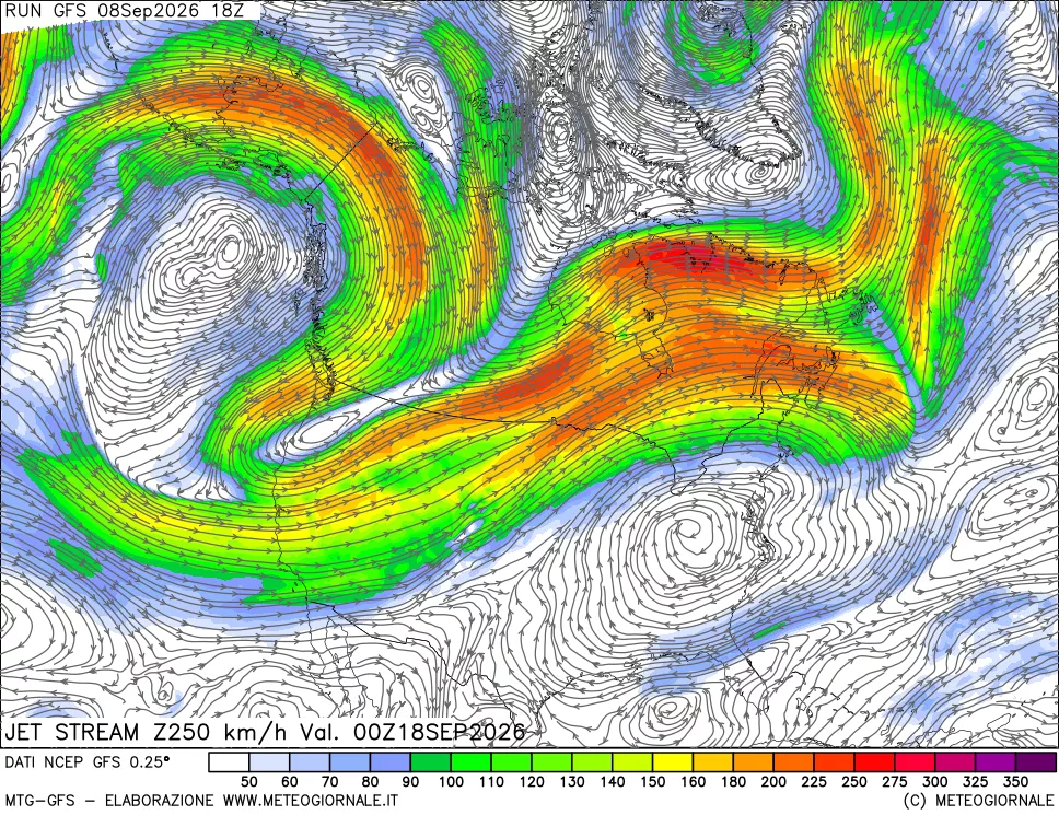 mappa 250 hPa Jet stream