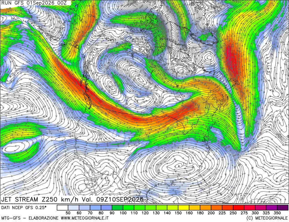 mappa 250 hPa Jet stream