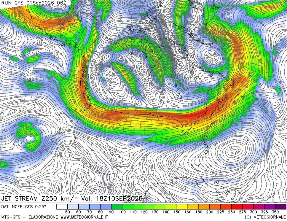 mappa 250 hPa Jet stream