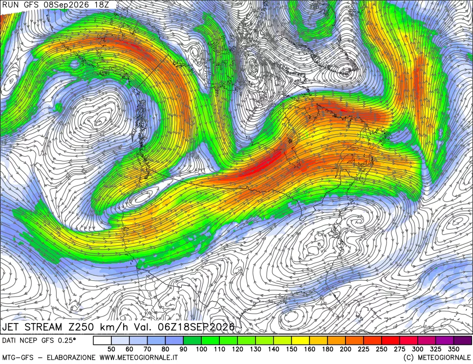 mappa 250 hPa Jet stream
