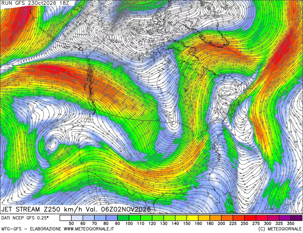 mappa 250 hPa Jet stream