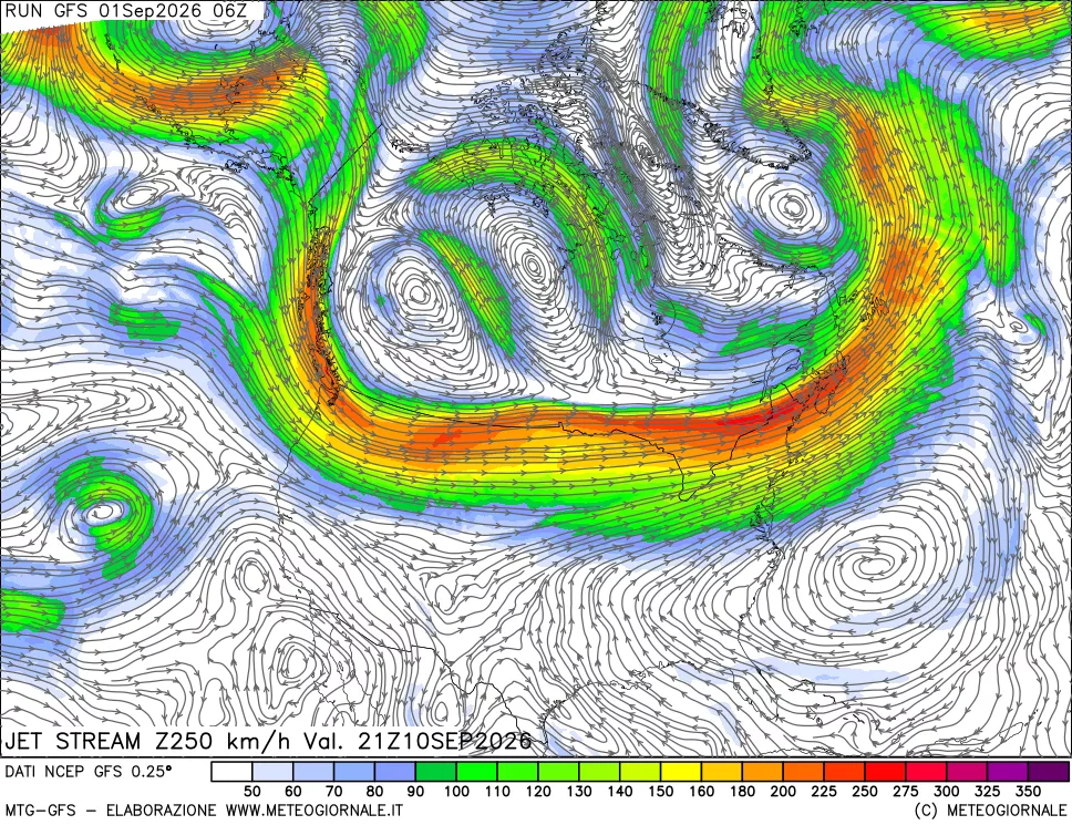 mappa 250 hPa Jet stream