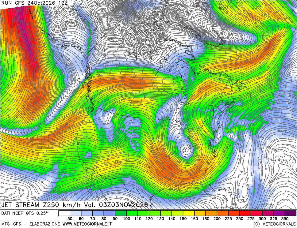 mappa 250 hPa Jet stream