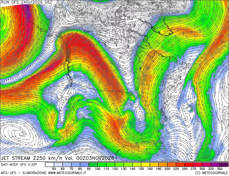 mappa 250 hPa Jet stream