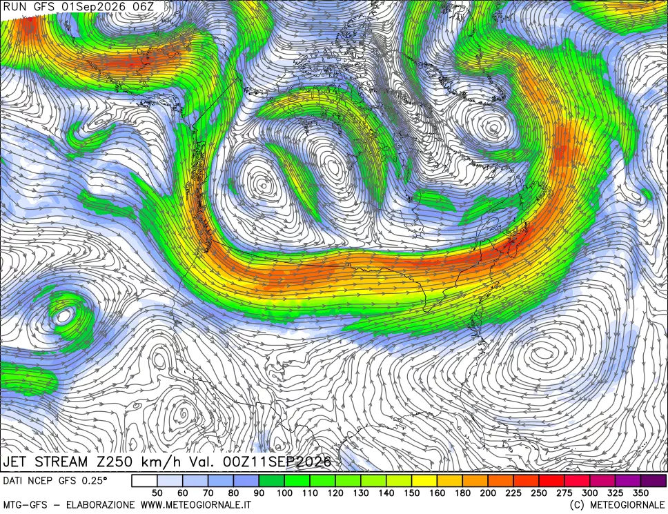 mappa 250 hPa Jet stream