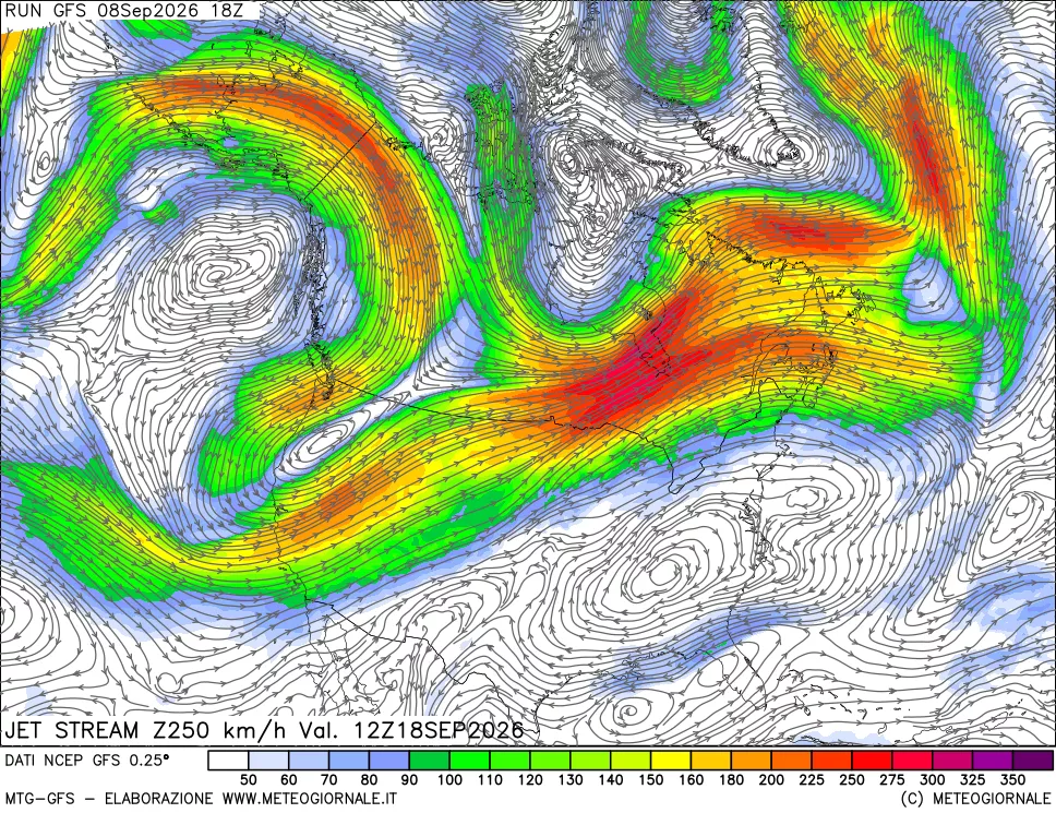 mappa 250 hPa Jet stream