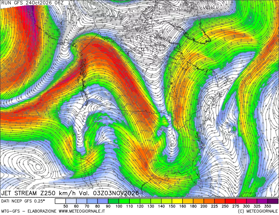 mappa 250 hPa Jet stream