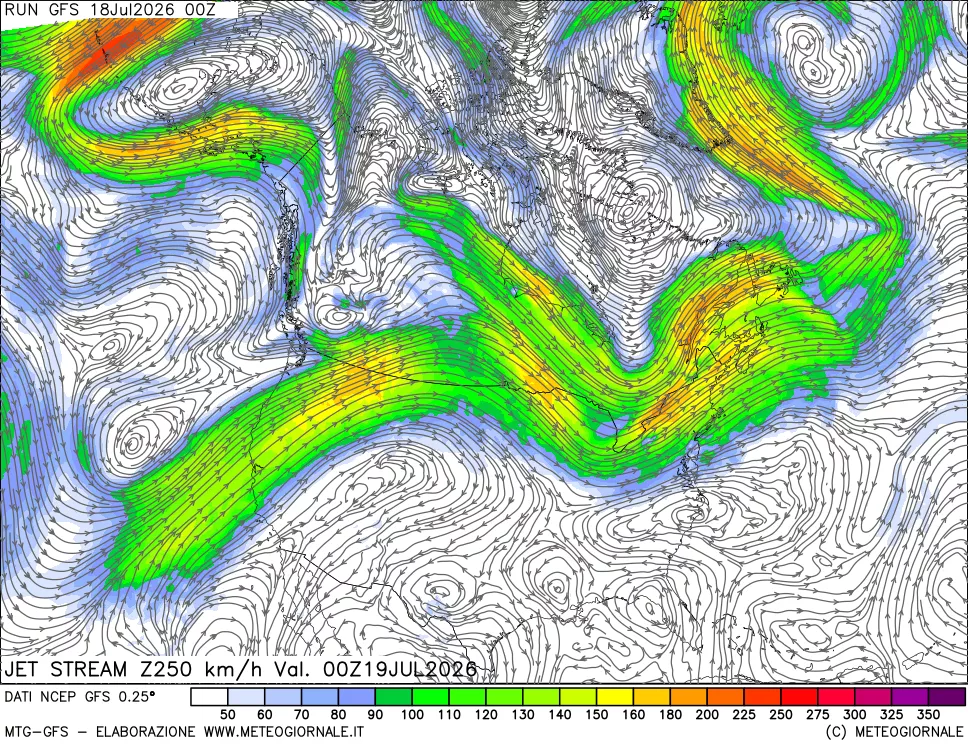 mappa 250 hPa Jet stream