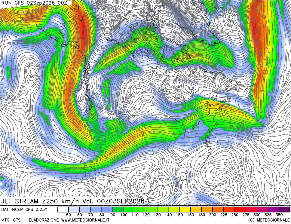 mappa 250 hPa Jet stream