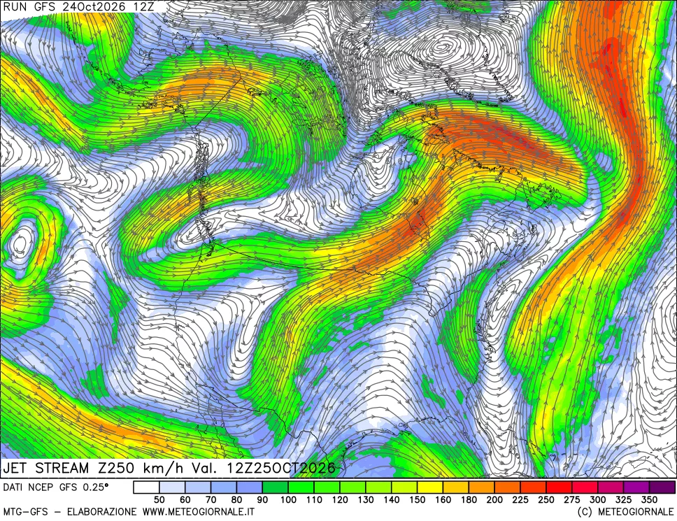 mappa 250 hPa Jet stream