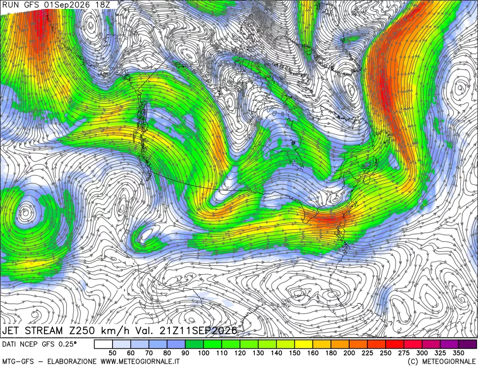 mappa 250 hPa Jet stream